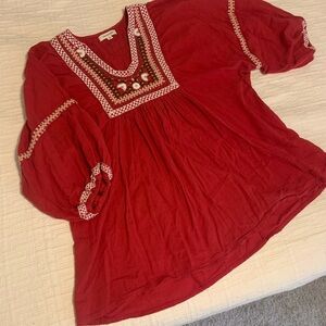 Max Studio Red Tunic with Embellished Bib Collar and Relaxed Fit